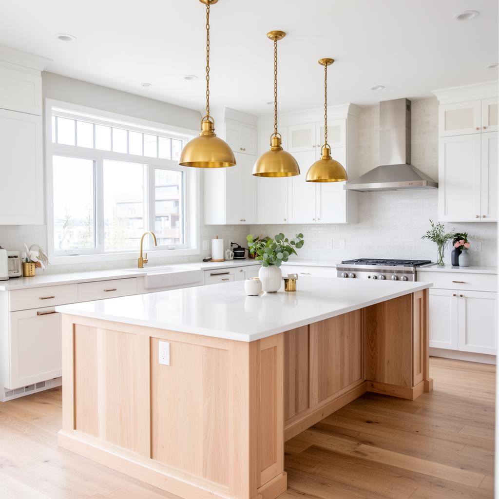 After: Before and after of a Winnipeg kitchen renovation by ARA Reno — dated oak cabinets transformed into a bright, modern white-and-oak kitchen